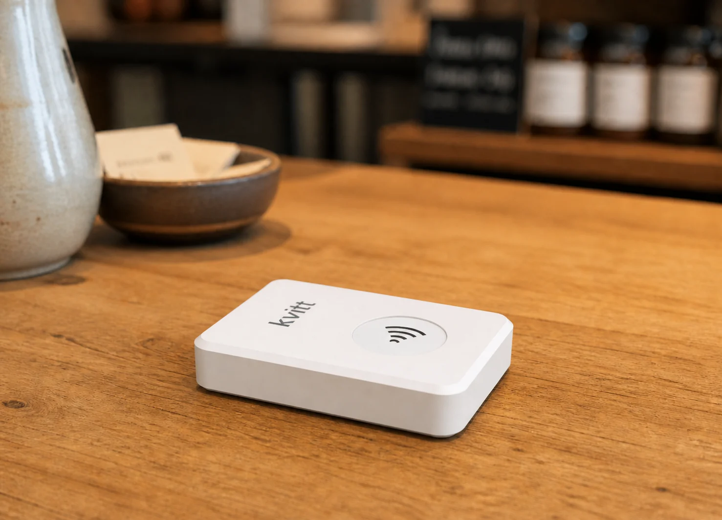 White Kvitt contactless tile on a wooden shop counter